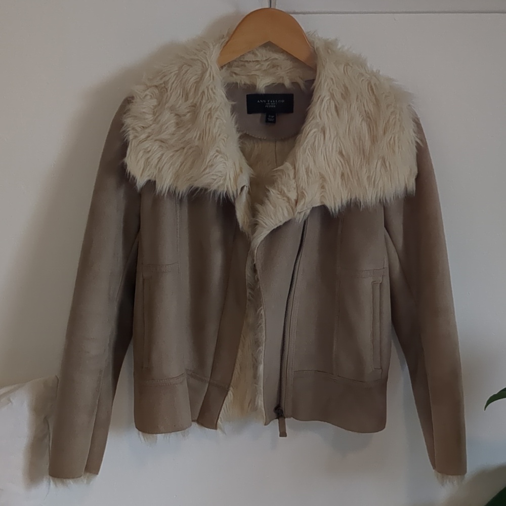 Ann Taylor Beige Jacket with Cream Faux-Fur